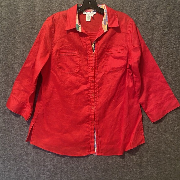 LINO‎ USA Top Blouse Womens XL Red 100% Linen Button Up Shirt Coastal Lagenlook - Picture 1 of 11